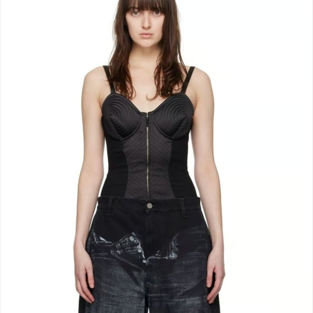 JEAN PAUL GAULTIER Iconic Cone Bra Satin Corset Bodysuit Black Size Small